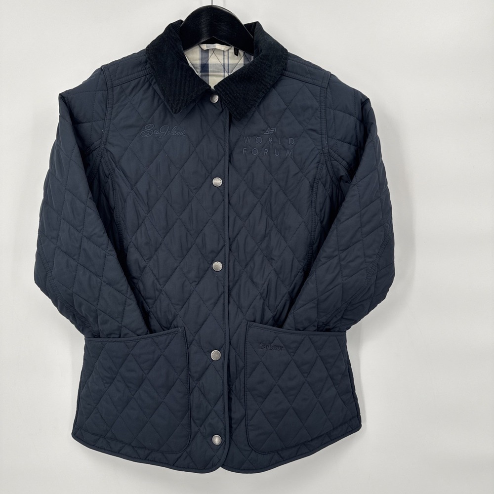 Barbour Annandale Quilted Jacket Size 4 Women Navy Summer Tartan Corporate Logo